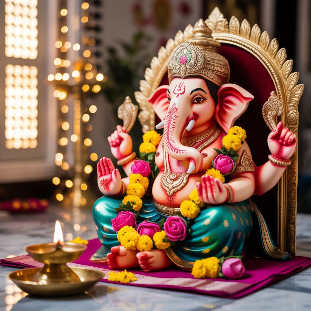 गणपती उत्सव 2025 मध्ये घरात स्थापना झालेला बाप्पा, फुलांची सजावट व भक्तीपूर्ण वातावरण